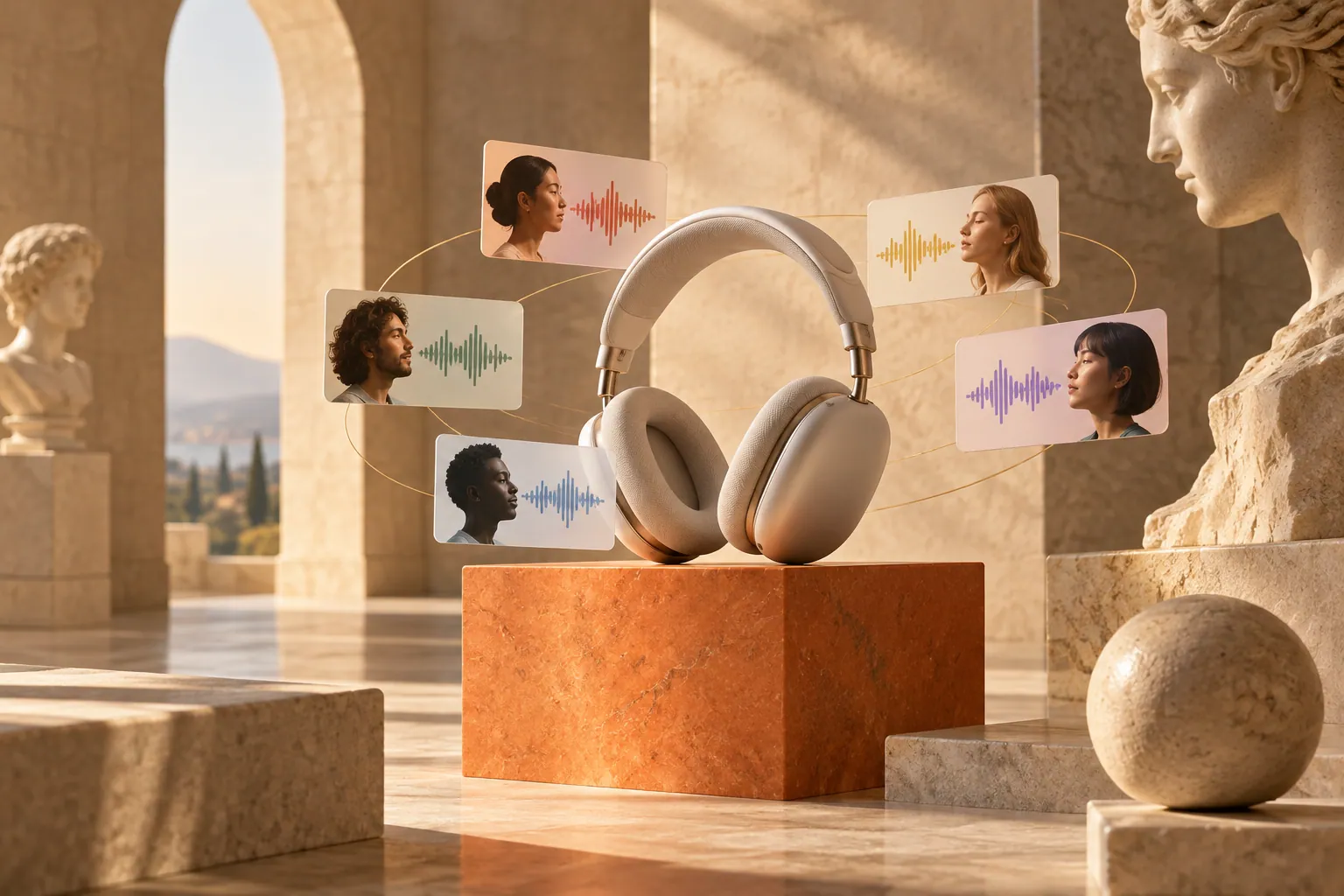 Museum audio guide headphones and language cards on an orange plinth