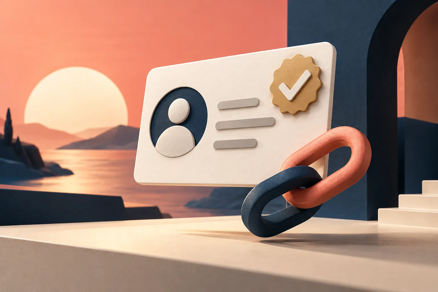 Sculptural credential card connected to a short link on an ivory background