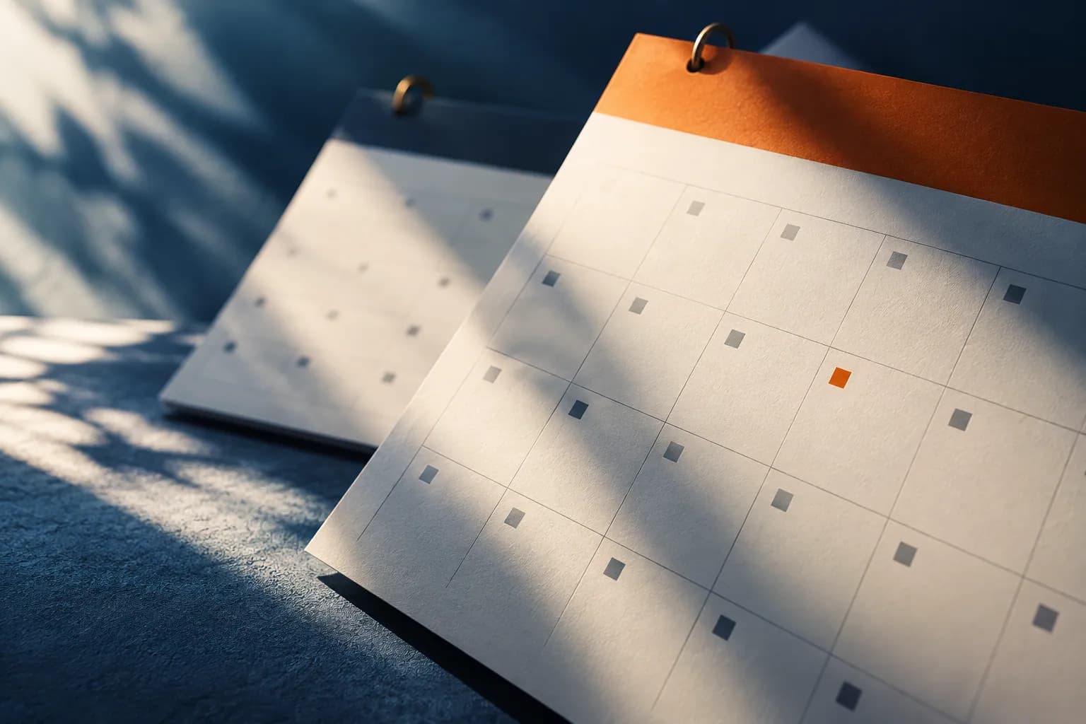 Abstract calendar pages with orange tabs and deep blue shadows