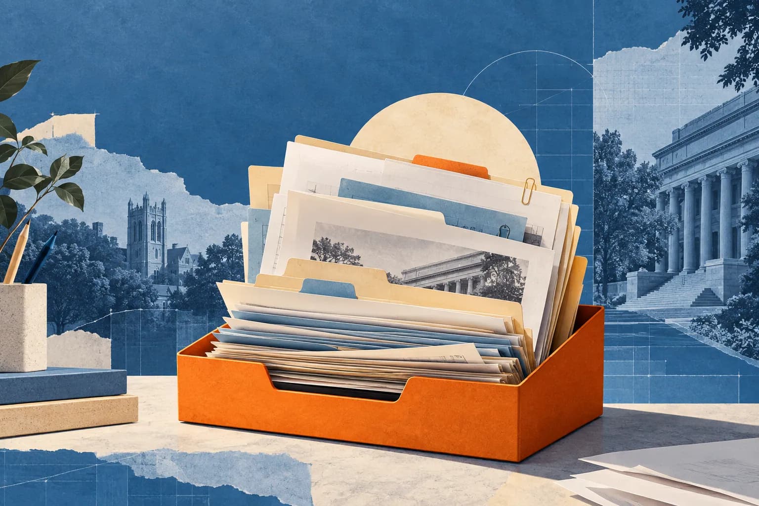 Education grant documents and annex sheets gathered in an orange tray