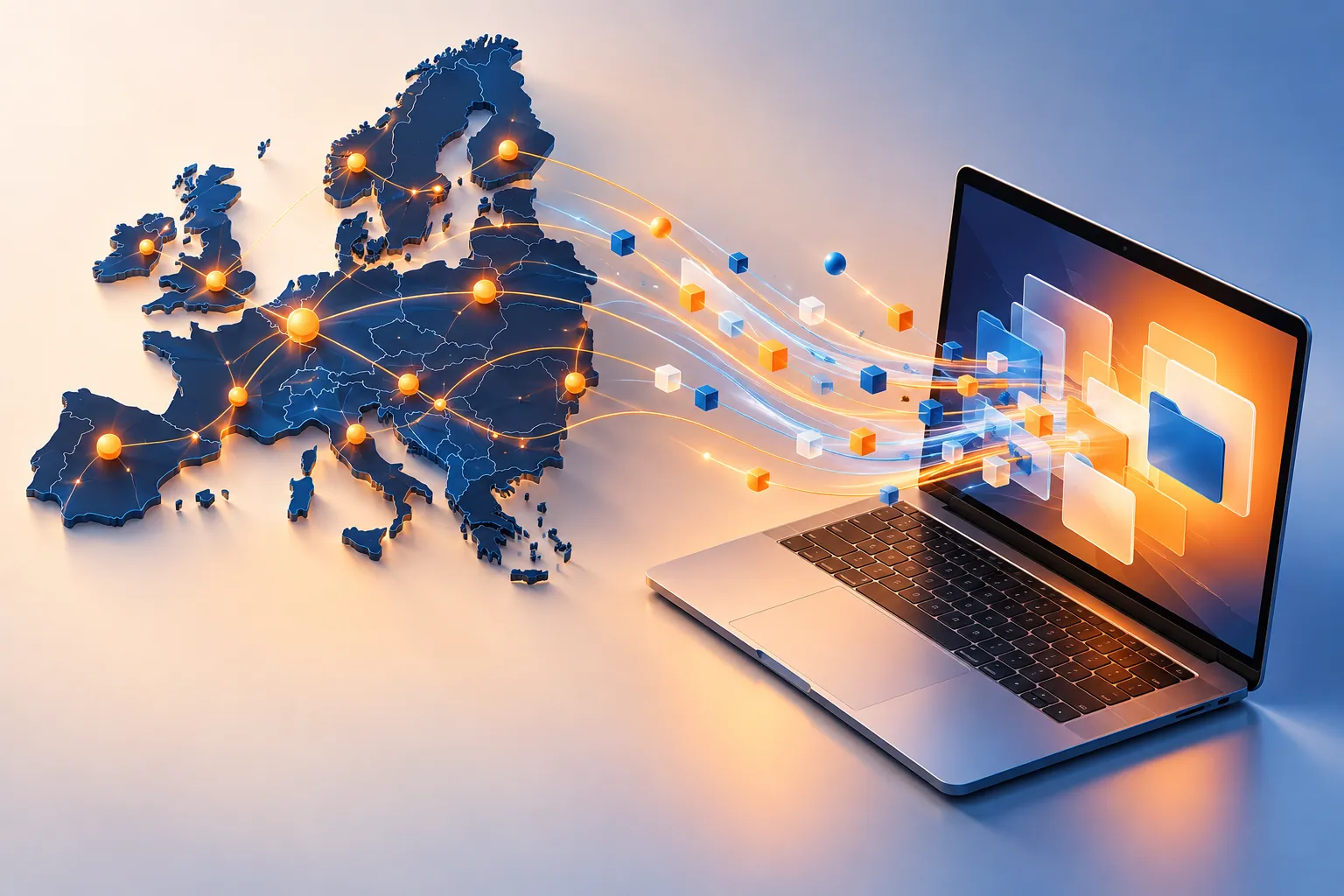 Cobalt and orange data nodes connecting a map silhouette to a laptop