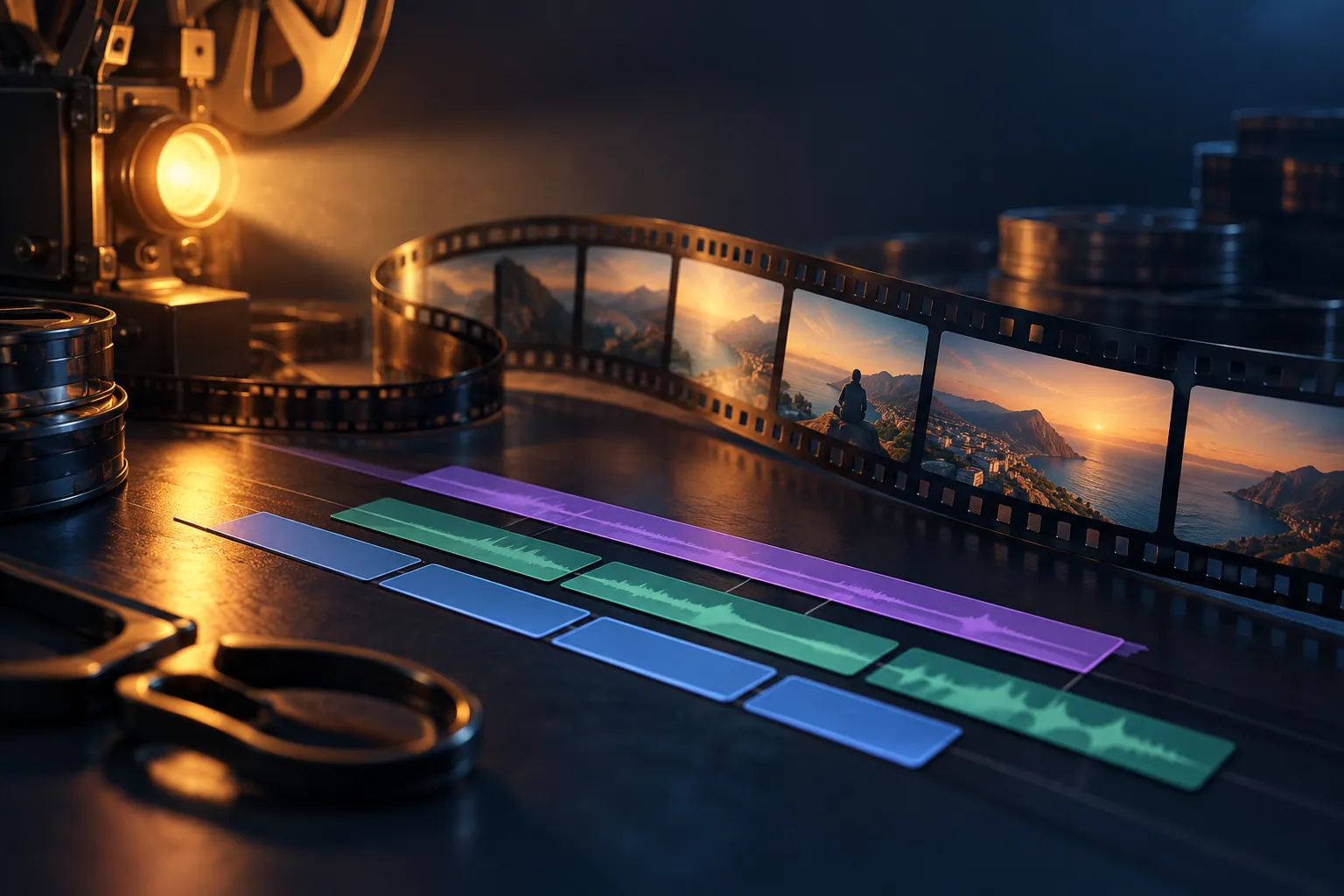 Filmstrip timeline beside separate colored subtitle tracks in amber light
