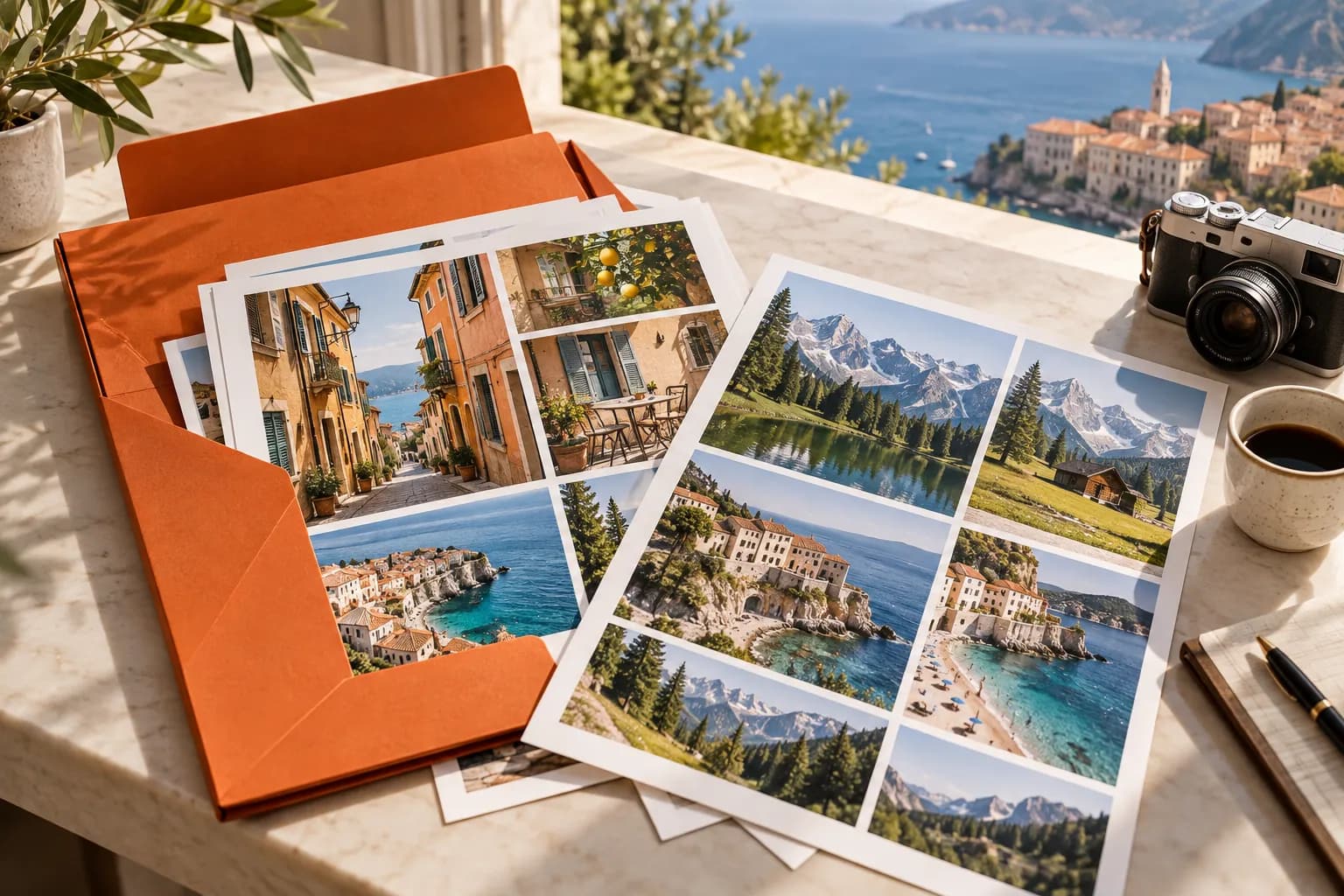 Travel campaign contact sheets of streets, coast and mountains beside an orange sleeve