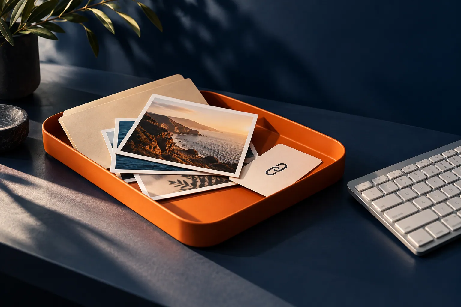 Orange tray holding photo prints, a folder and a link card beside a keyboard