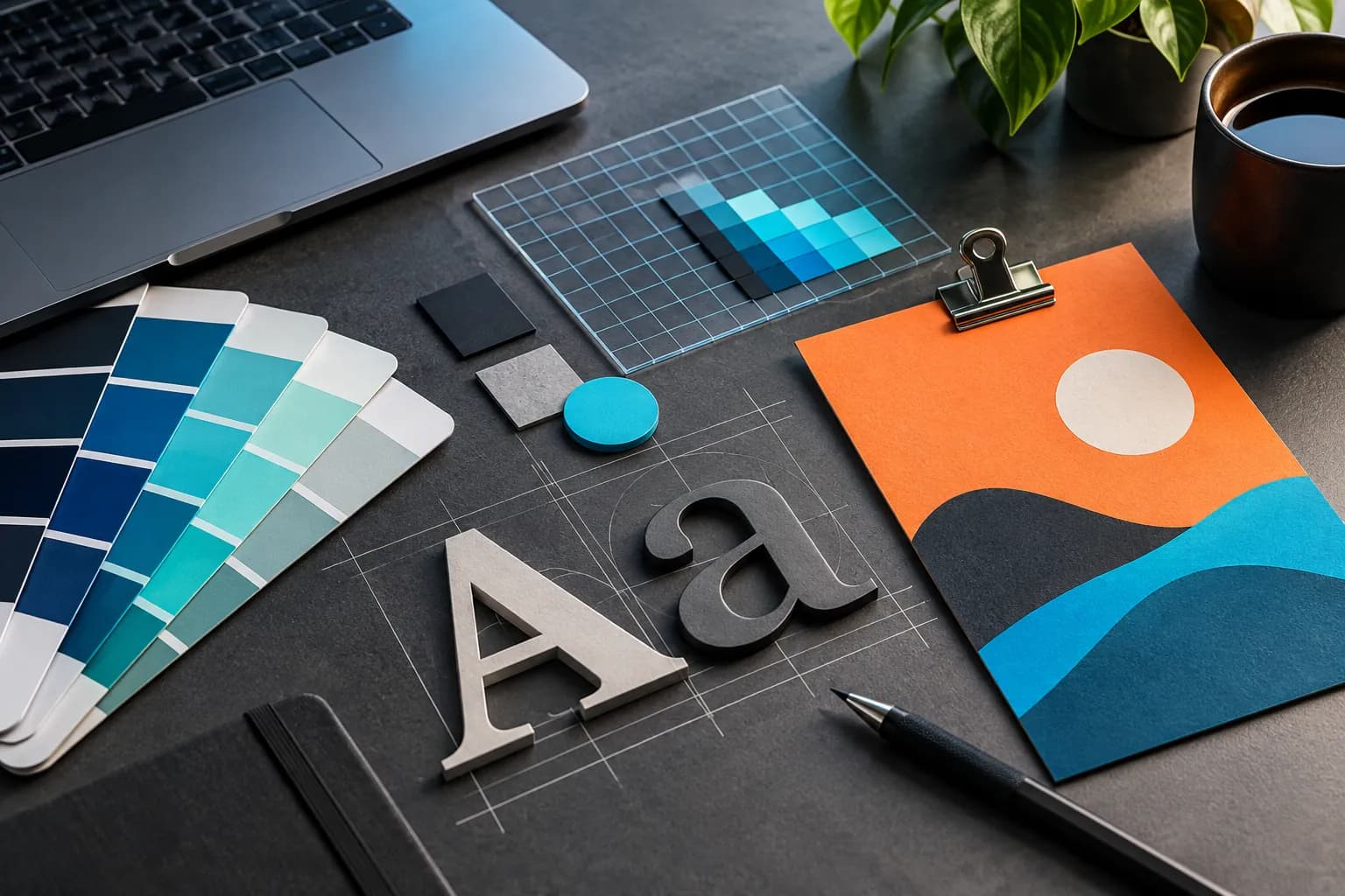 Color swatches, type specimens and an orange clipboard card on a graphite desk