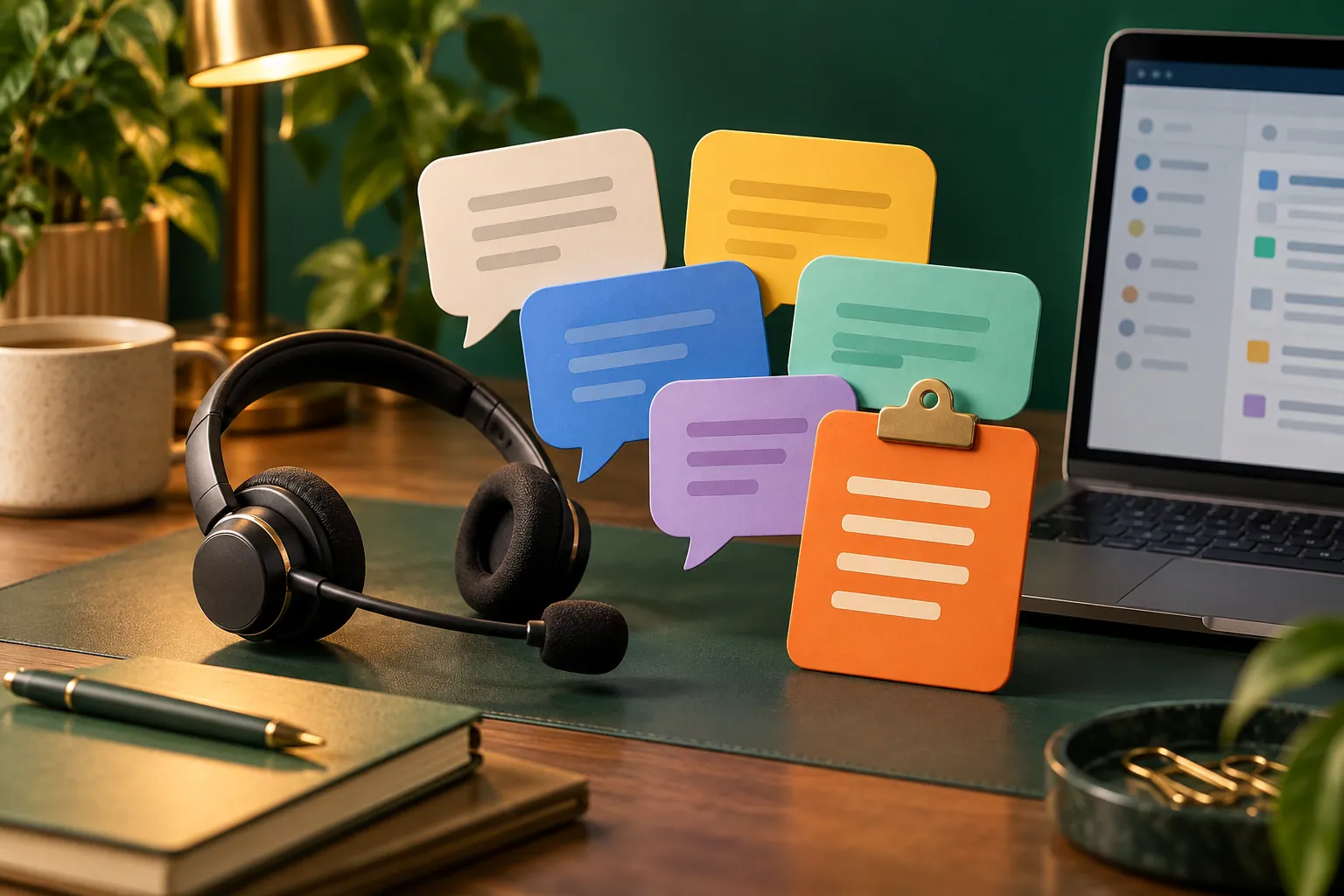 Support headset beside colored speech cards and an orange clipboard on a green desk
