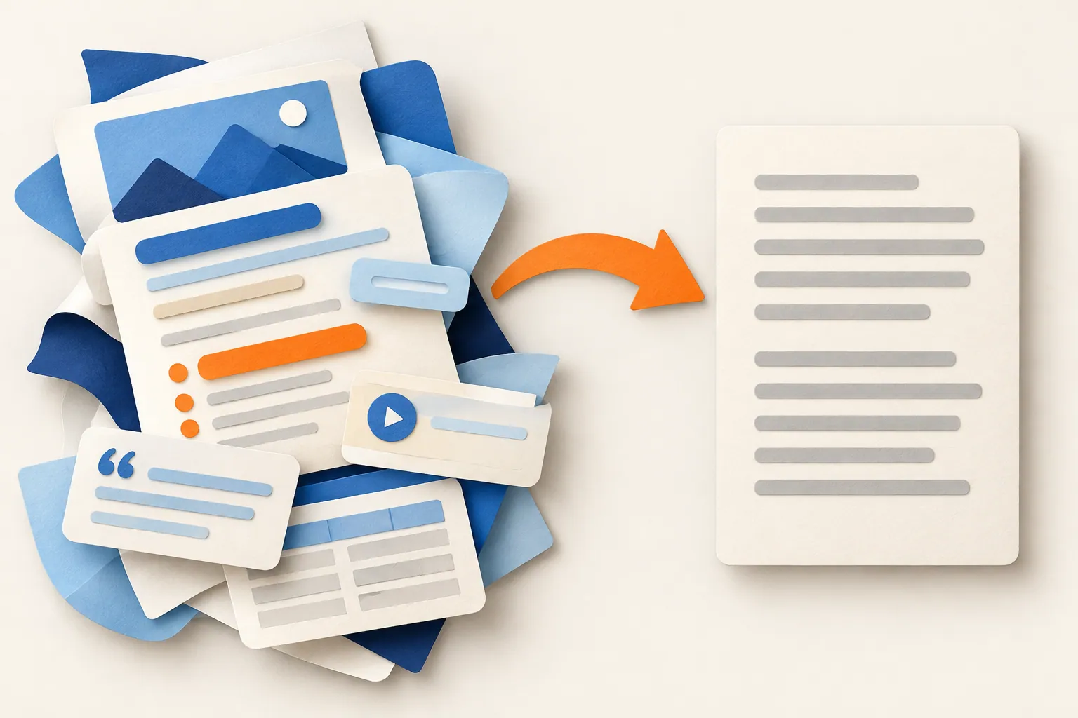 Styled text ribbons becoming a clean content column through an orange arc
