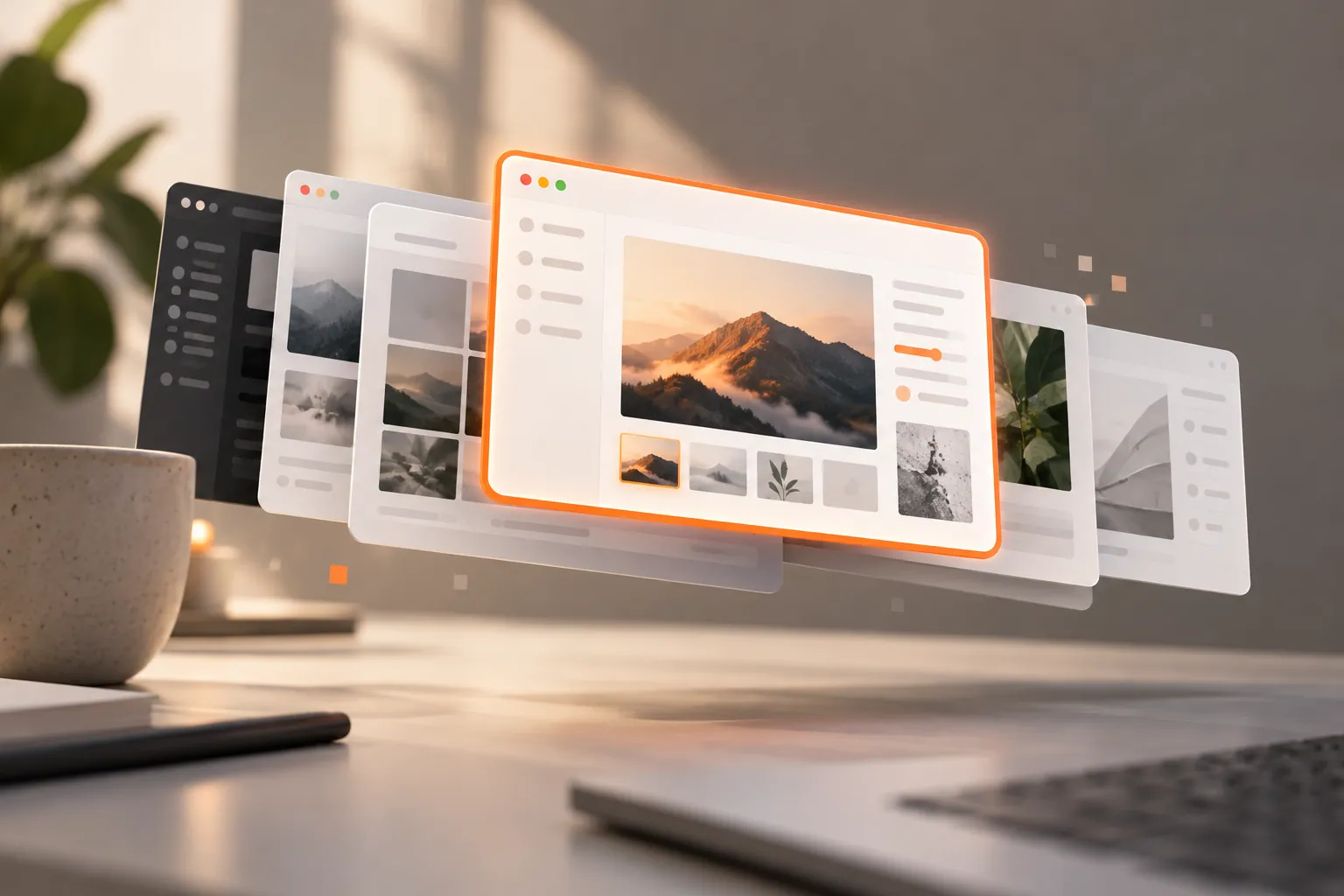 Layered screenshot cards hovering over a gray desk with one orange selection frame