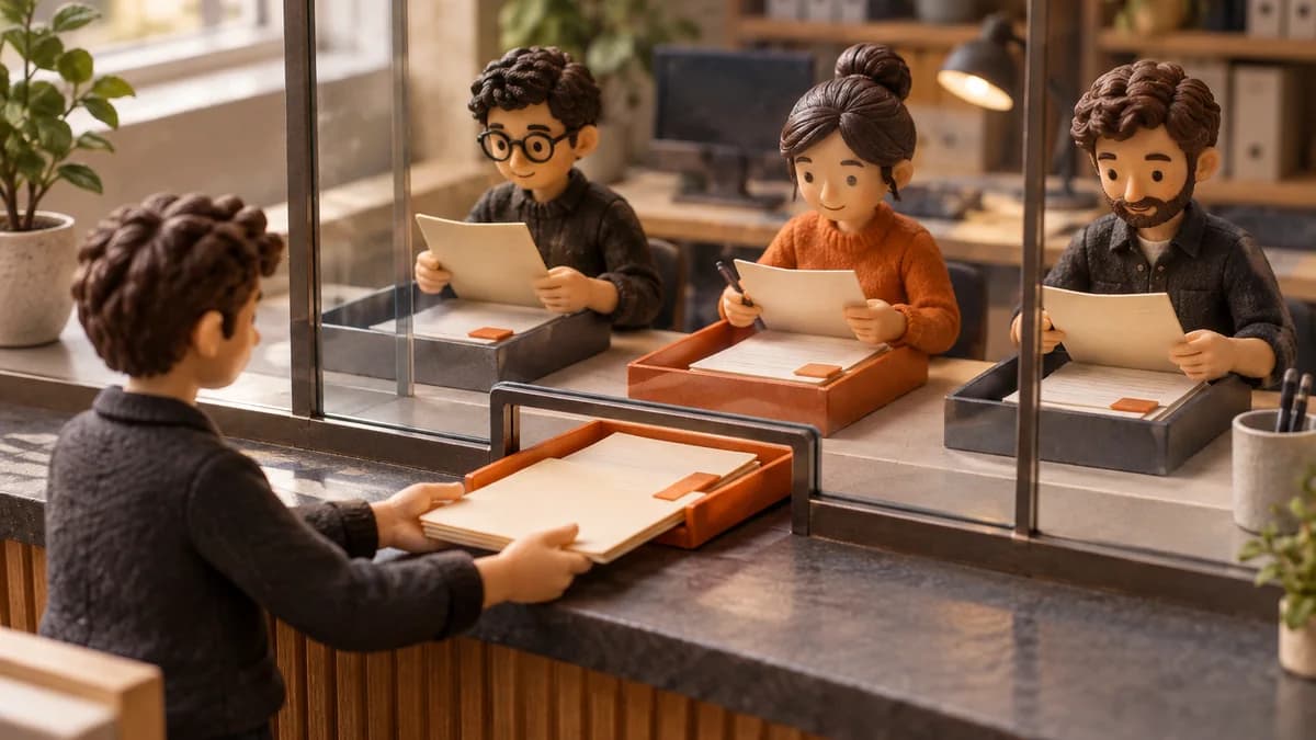 A customer folder and staff review trays on opposite sides of a small service counter, connected by one orange request tray.