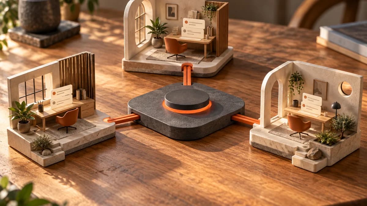 Three distinct miniature customer workspaces connected by orange channels to one shared charcoal foundation.