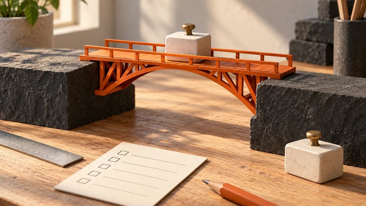 An orange miniature bridge supporting a test weight between two blocks, with another test weight and a blank checklist nearby.