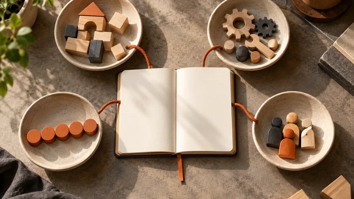Separate ceramic bowls of project components beside an open notebook, with repeating orange tokens representing recurring running costs.