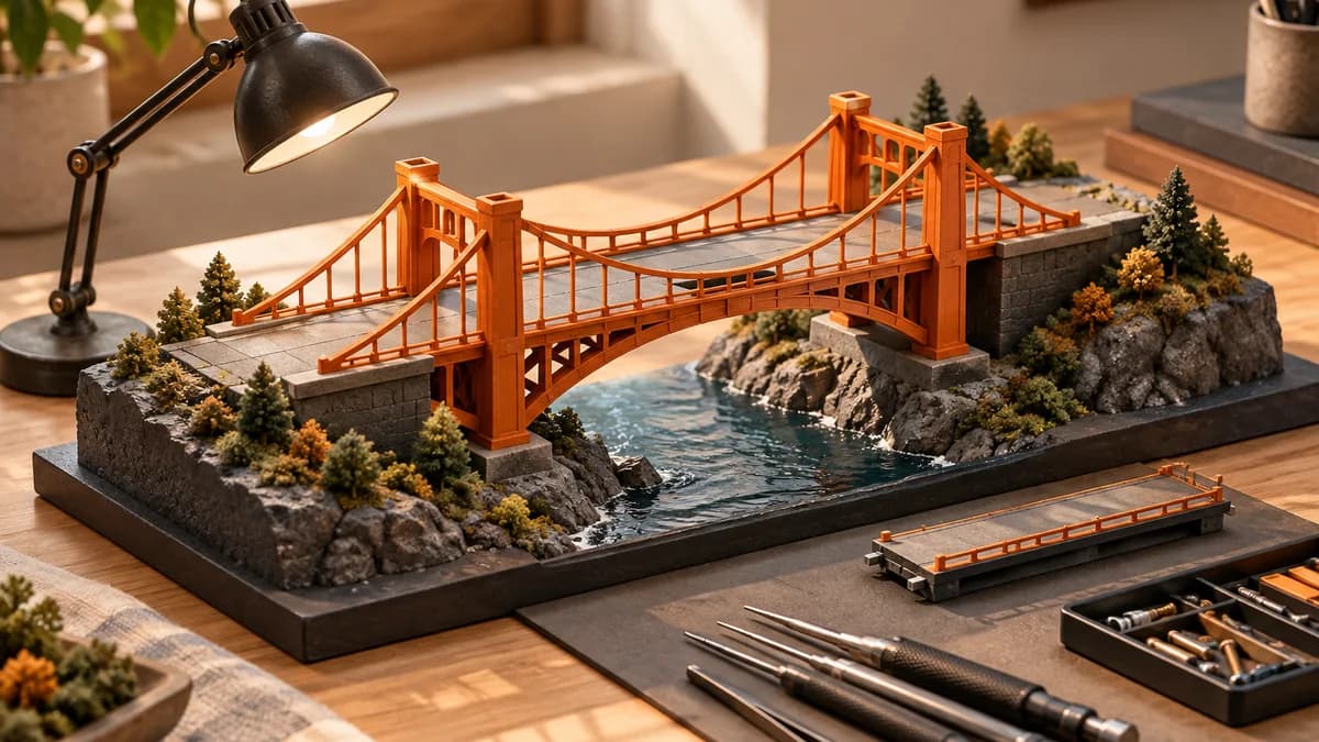 An intact orange model bridge with an inspection lamp, fitted removable panel and neatly arranged maintenance tools.