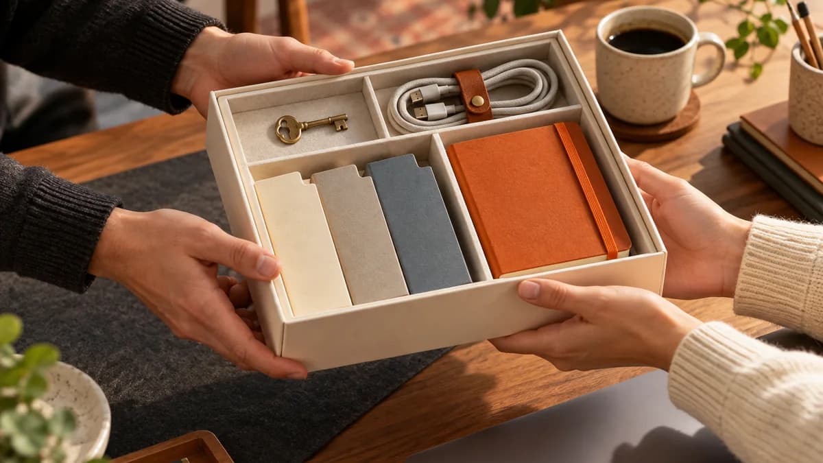 Hands passing an organized project box containing a key, cable, document folders and an orange notebook across a desk.