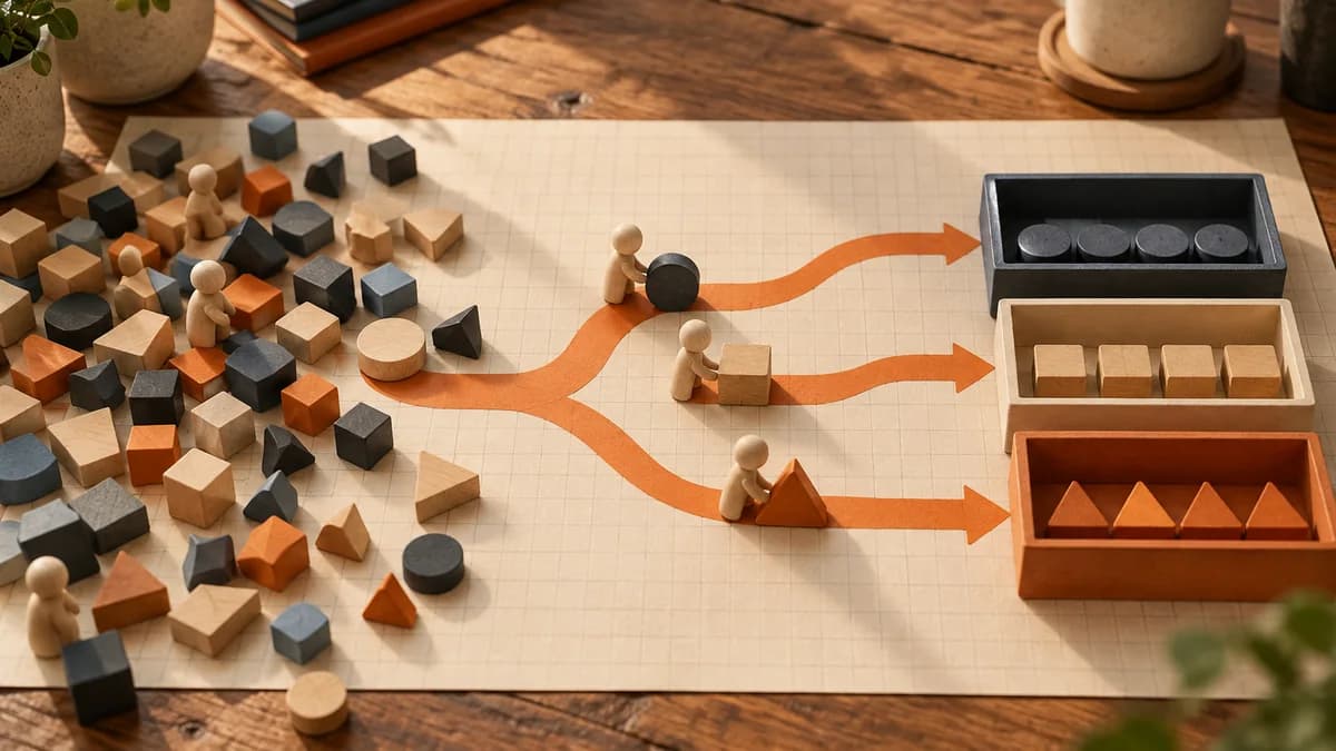 Loose wooden tokens on a paper grid becoming an orderly three-tray workflow along an orange track.