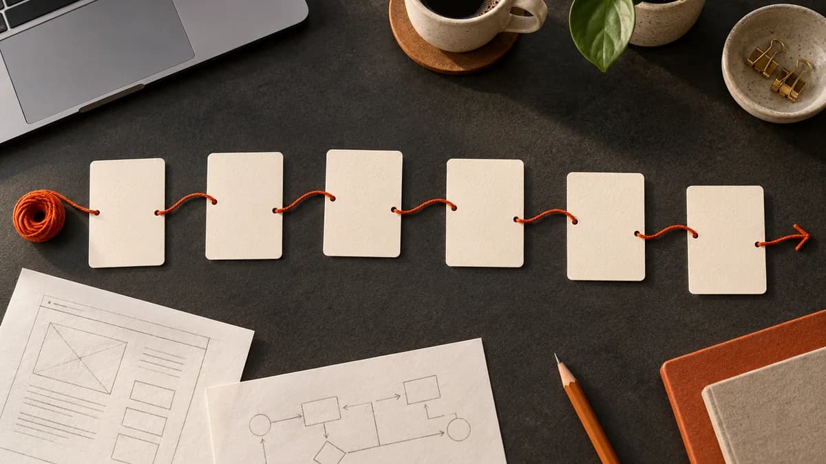 Cream workflow cards connected by an orange thread on a planning desk, showing a request moving through review to completion.