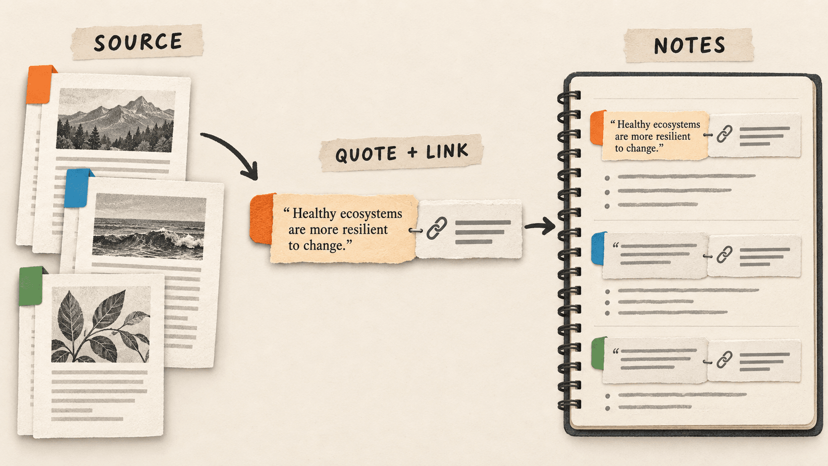 Illustration of a source document becoming a paired quote and link, then an organized research note.