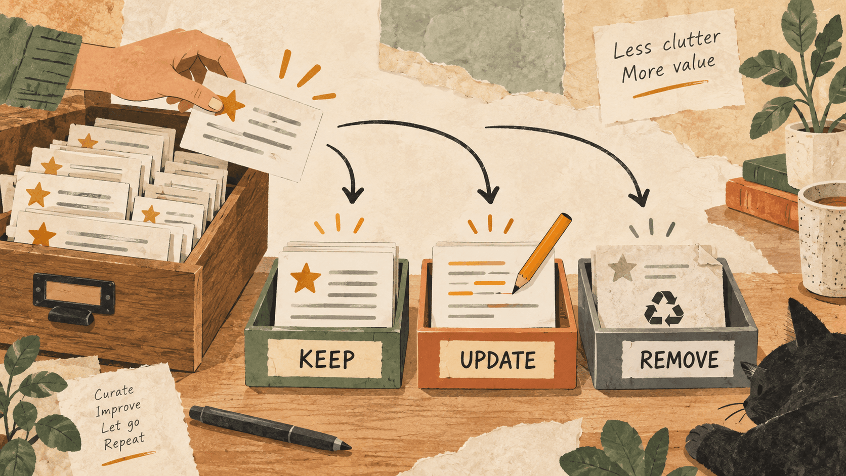 Starred snippet cards sorted into keep, update, and remove trays with edit and recycle symbols.