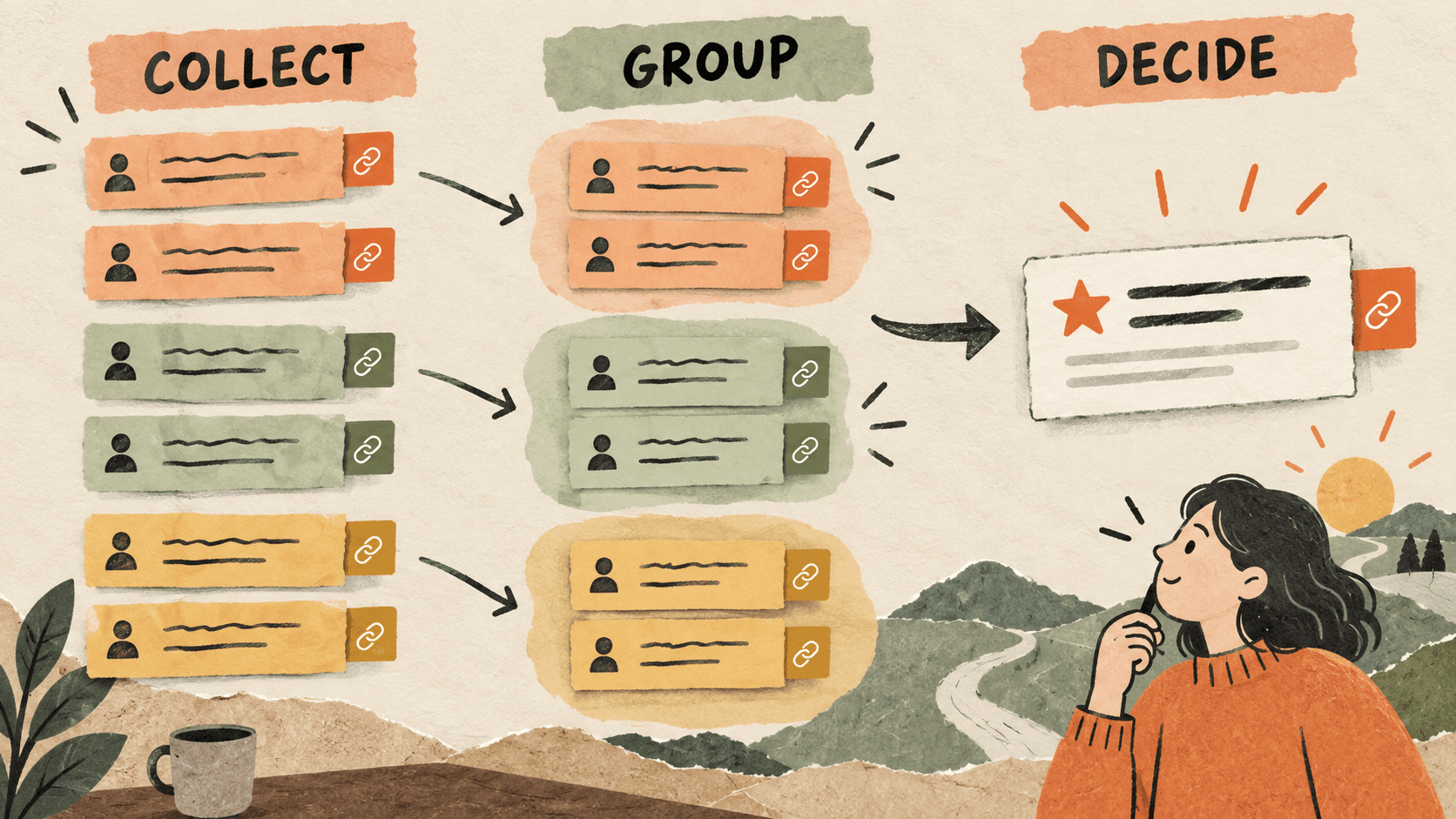 Source-linked feedback notes grouped into themes, with one selected theme becoming a task card.