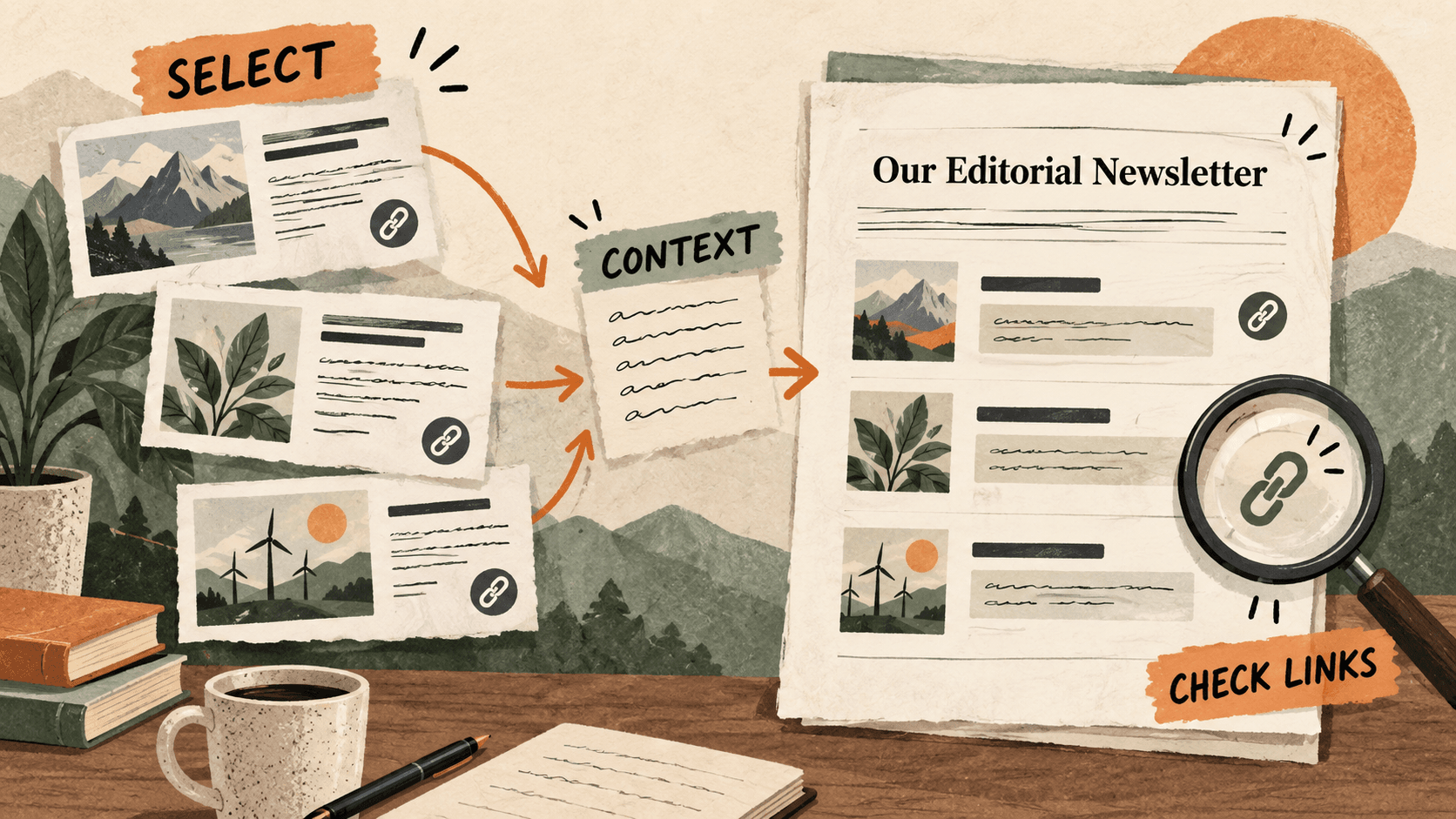 Article clippings become newsletter entries with short commentary and source links checked by a magnifying glass.