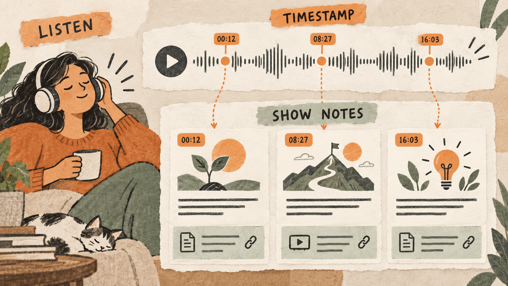 Audio waveform markers connect to matching chapter cards and linked resources in a show-notes page.