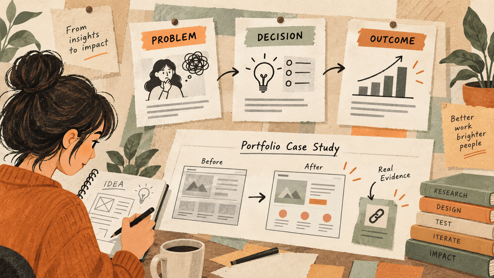 Design sketches and evidence cards arranged into problem, decision, and outcome sections of a case study.
