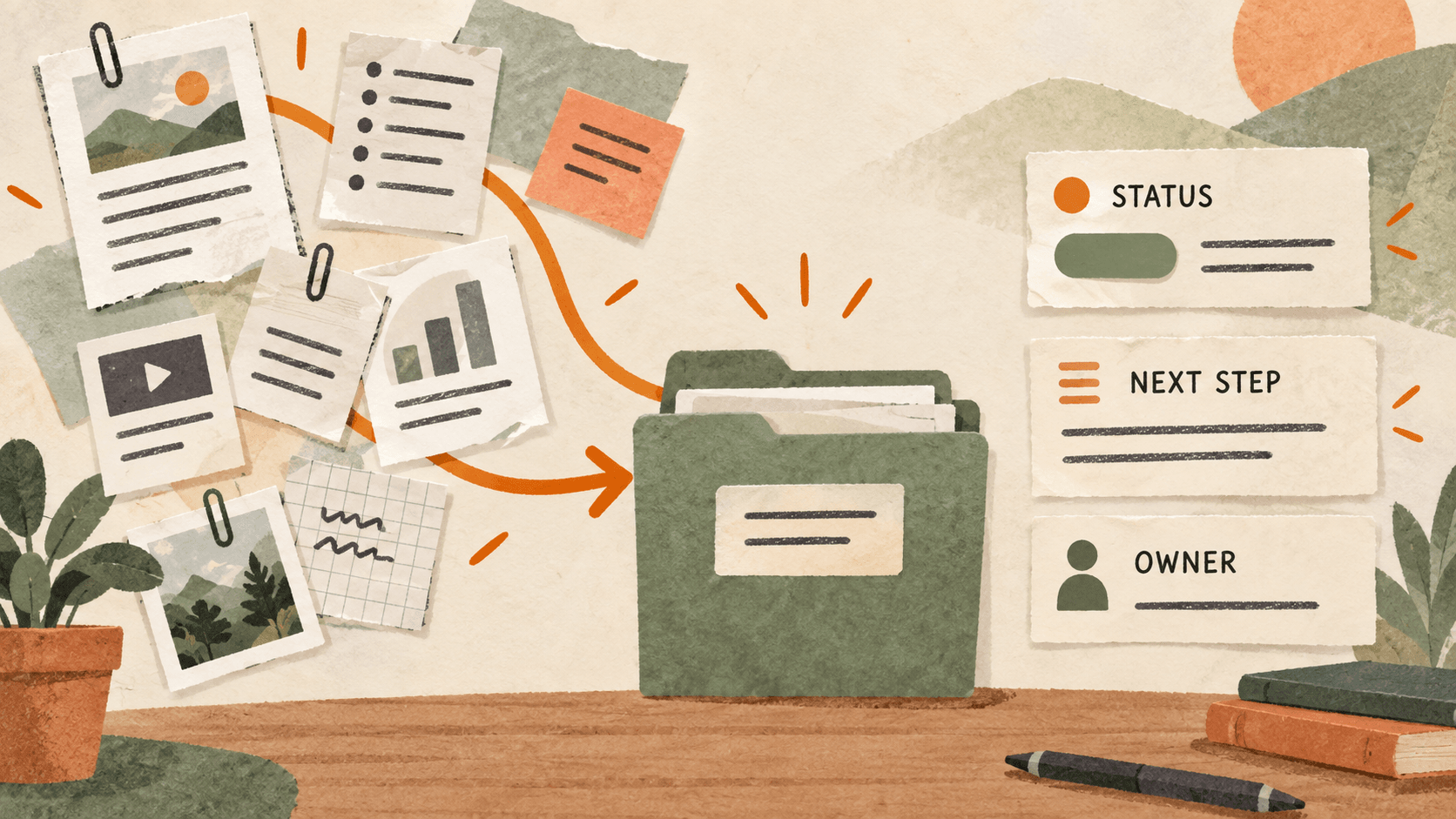 Project links and notes collected into a handoff folder with status, next step, and owner cards.