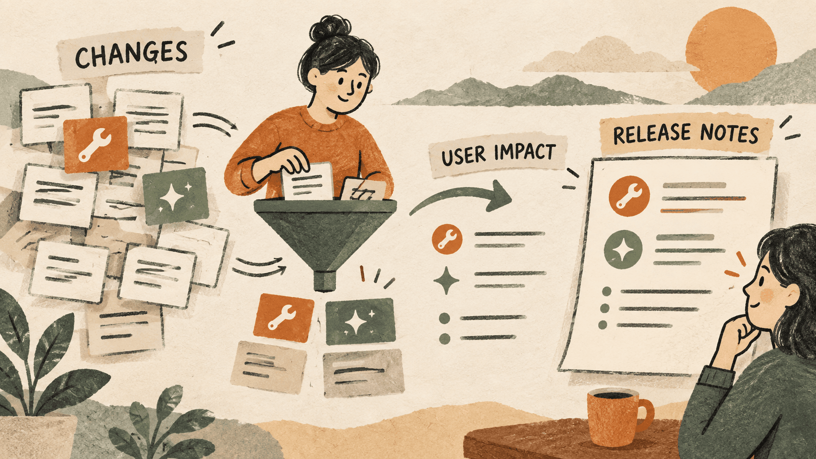 Change cards sorted into user impact and a release note with feature, fix, and action symbols.