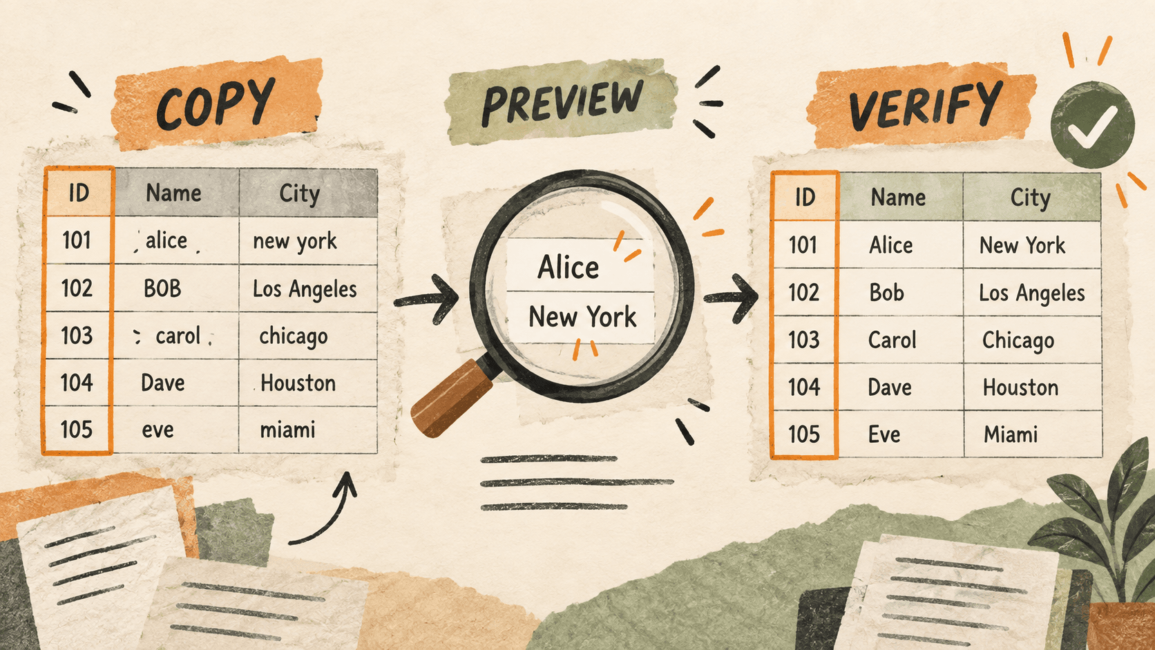 Inconsistent text cells pass through a preview into an aligned table while an identifier column remains protected.