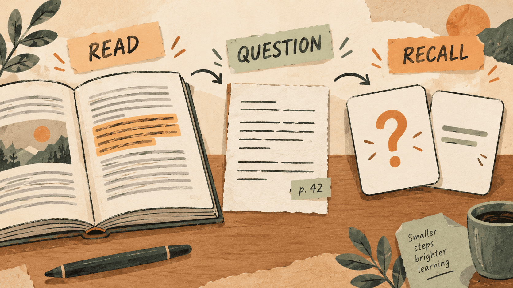 A highlighted textbook passage becomes a source-linked note and separate question and answer flashcards.