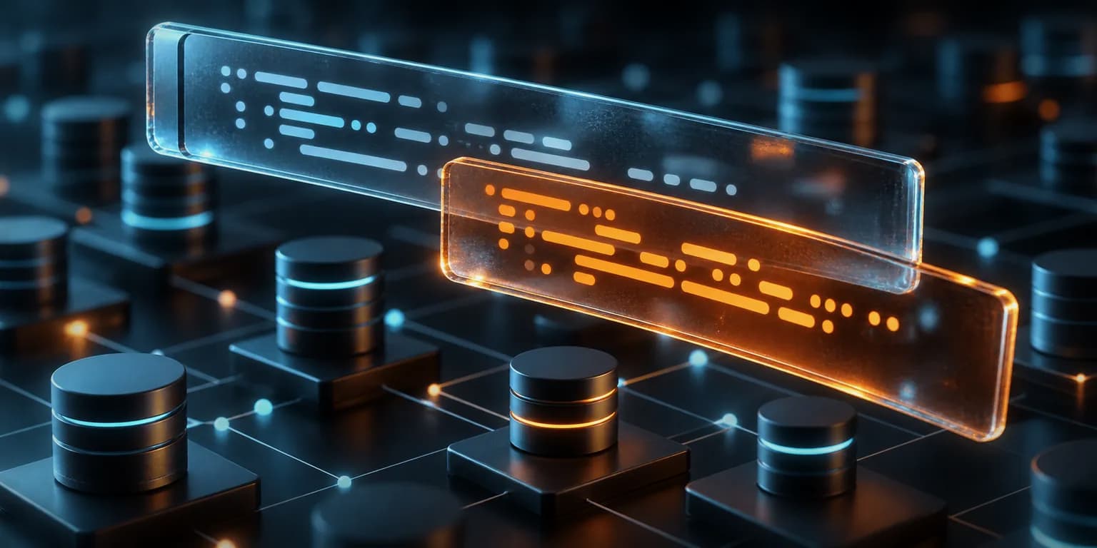 Abstract code fragments suspended over a dark data grid