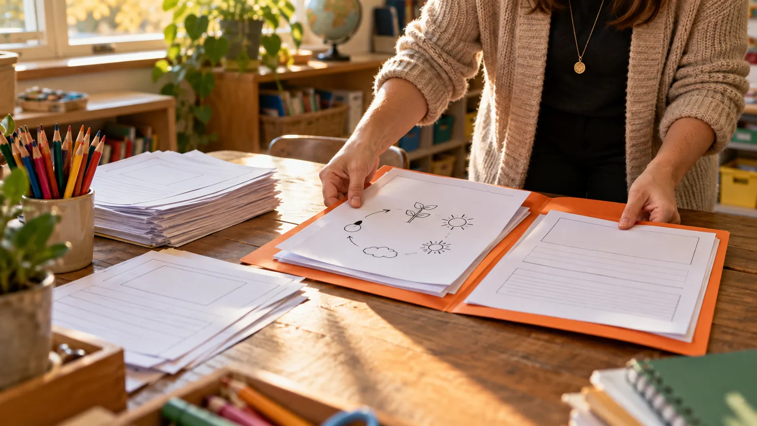 Teacher arranging worksheet pages in an orange folder on a sunlit classroom table