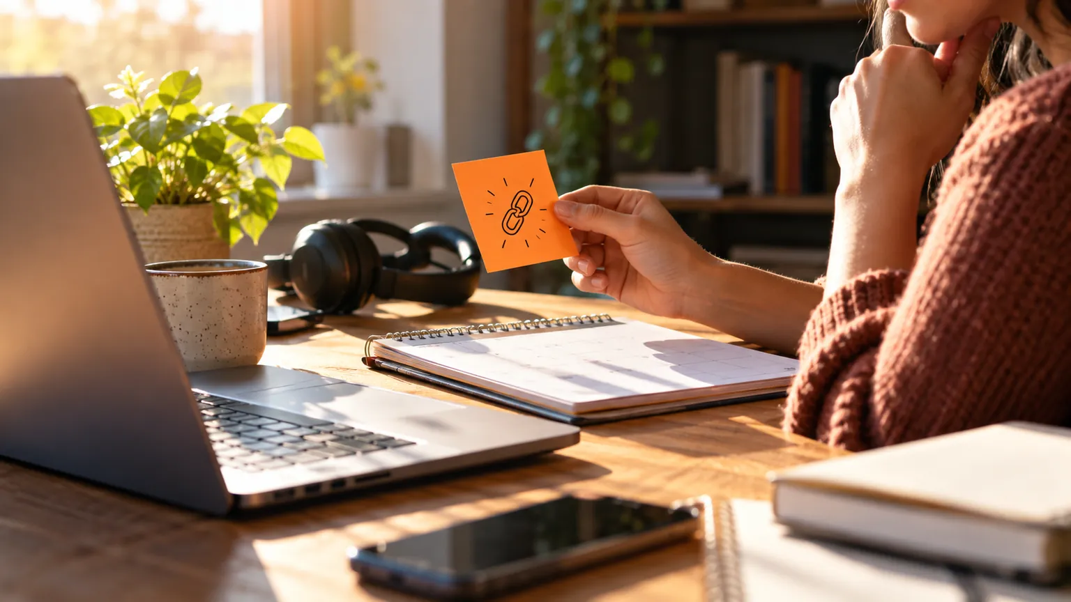 Orange link note beside a calendar and headphones on a sunlit desk