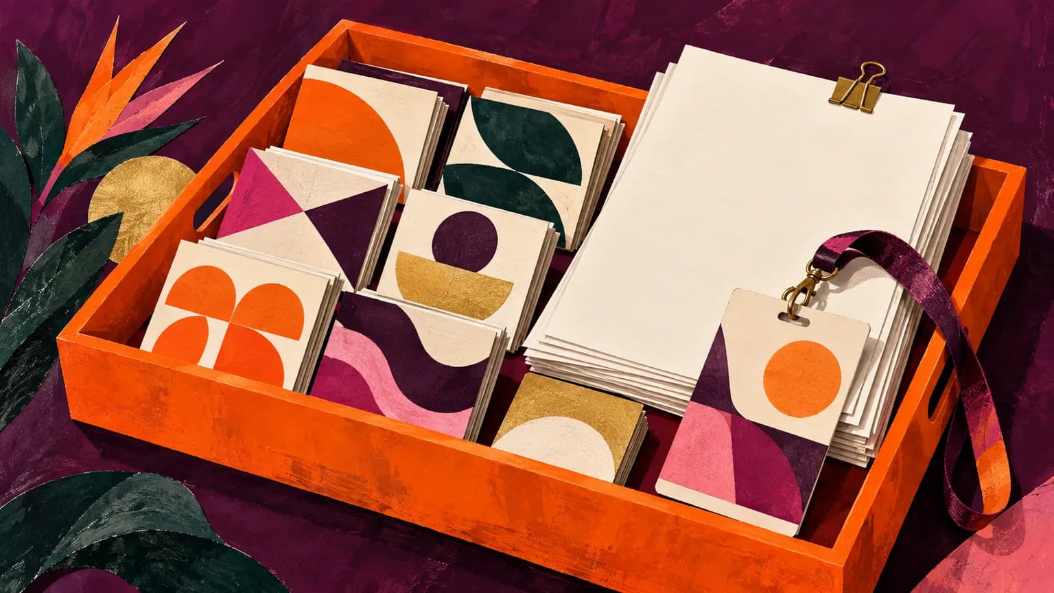 Abstract sponsor asset tiles and blank papers in an orange tray