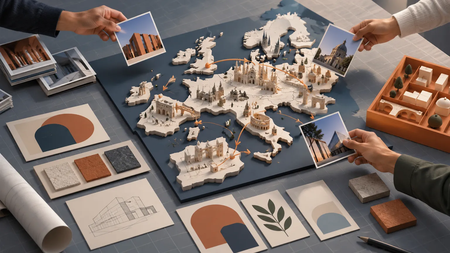 Isometric design review tiles and an orange staging tray on a model table