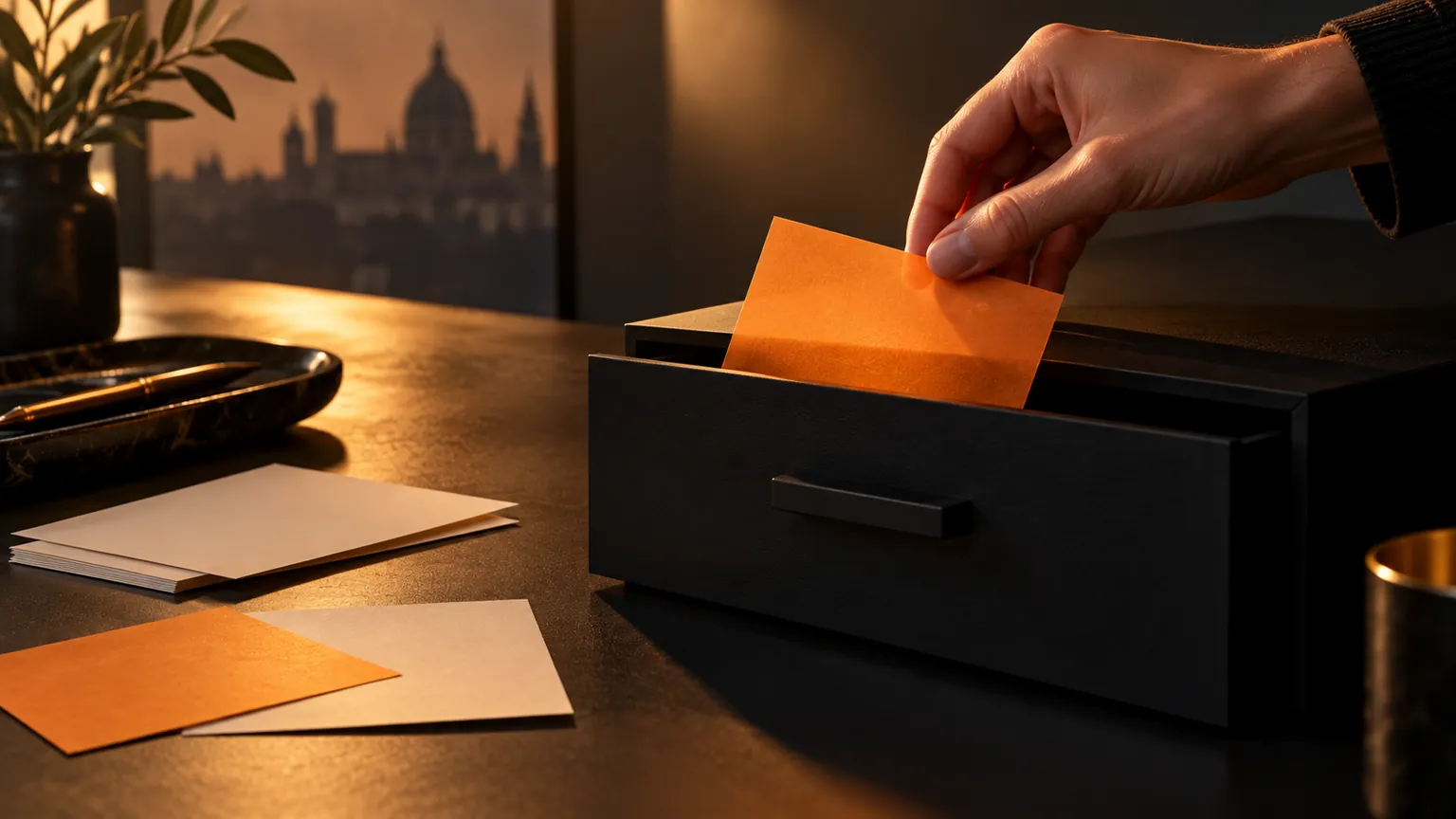 An orange translucent note being put into a dark desk drawer