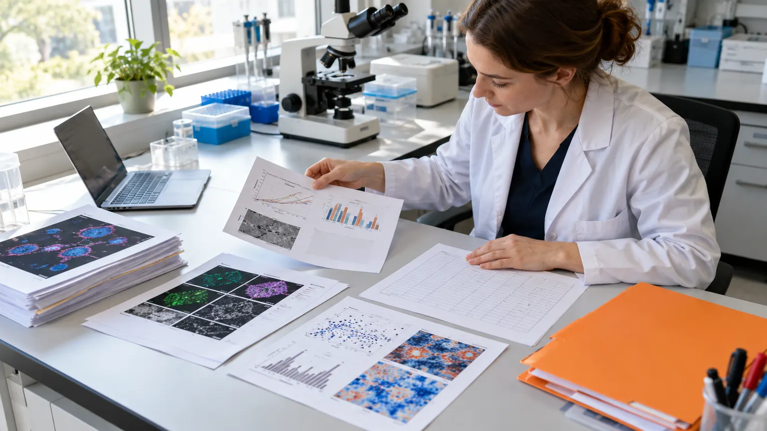 Scientist arranging abstract figure proofs and data sheets beside an orange folder