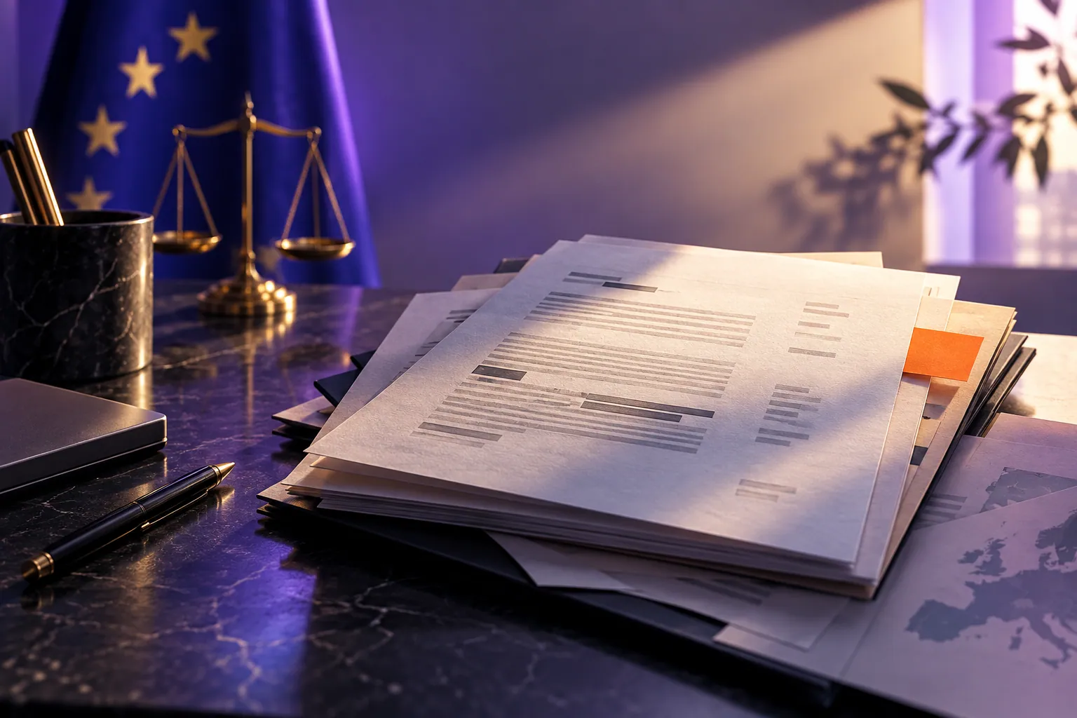 Layered legal research pages with an orange reference tab and violet side light