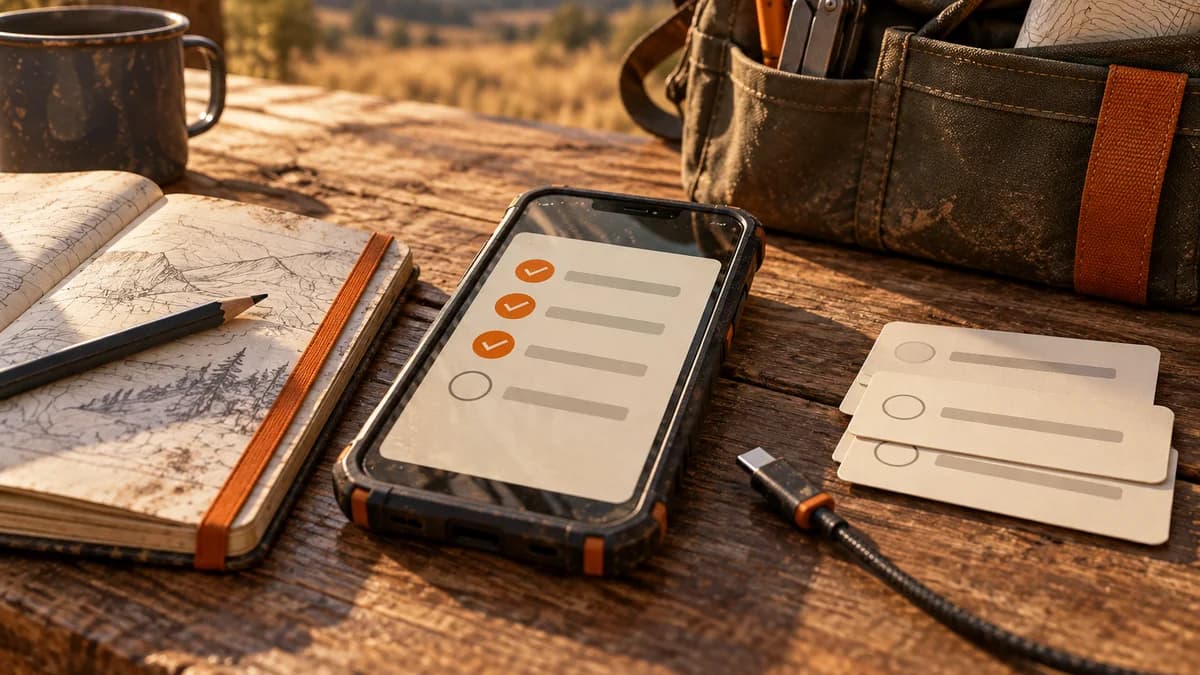 A field worker's smartphone, checklist cards and notebook beside a tool bag, illustrating work captured before reconnecting.